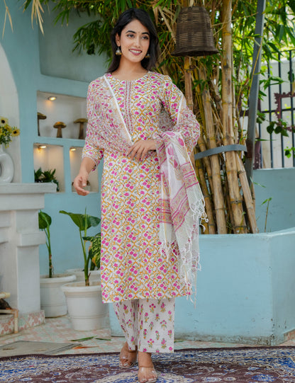 Hand Block Straight Kurta Set with with Kota Doria Dupatta - HL18