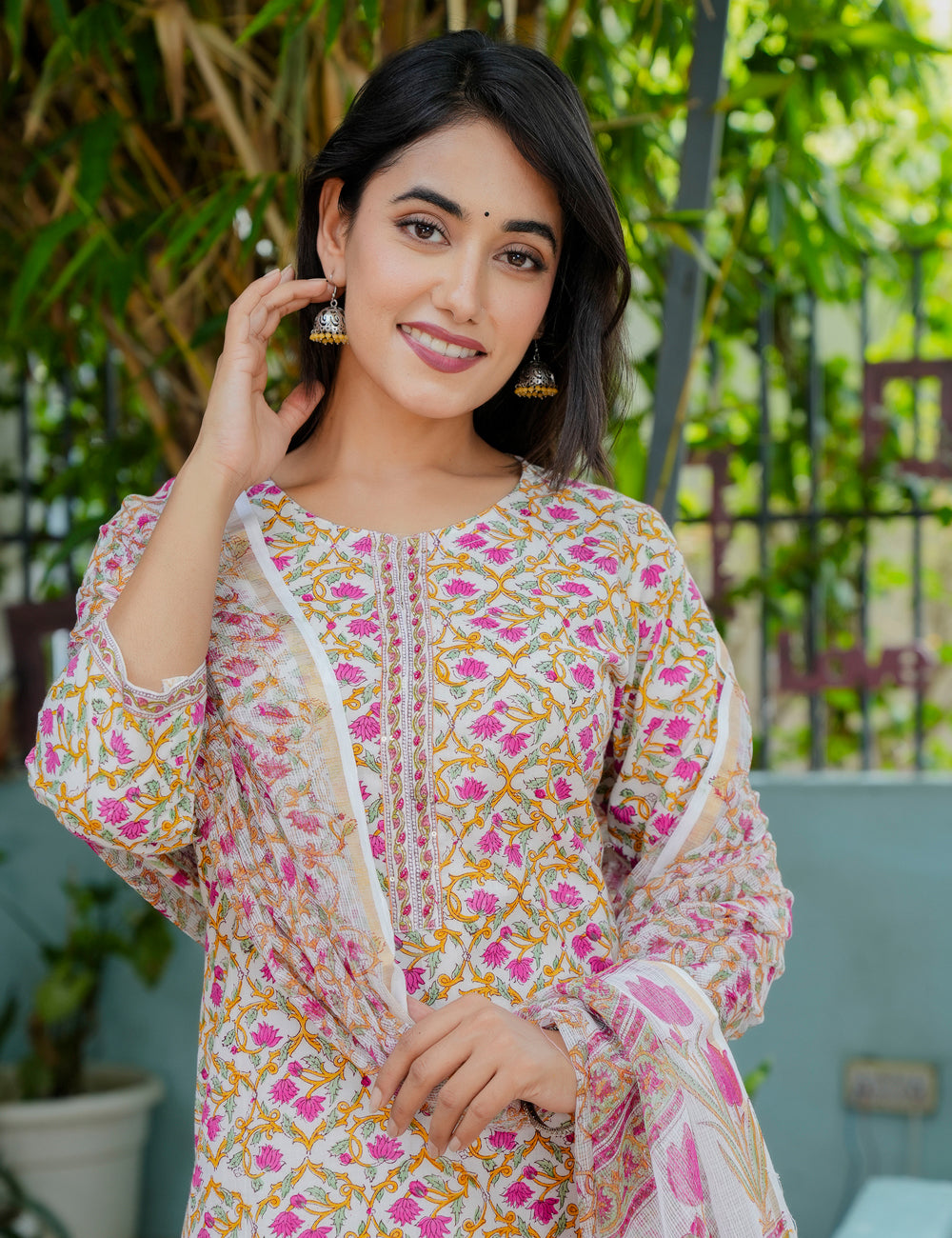 Hand Block Straight Kurta Set with with Kota Doria Dupatta - HL18