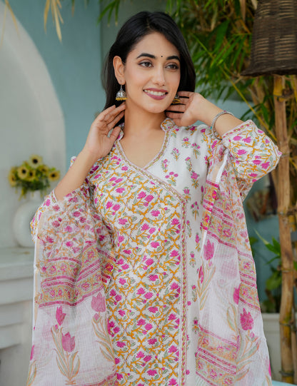 Ethnic Pastel Floral Hand-Block Straight Cut Kurta Set with Kota Doria Dupatta - HL19