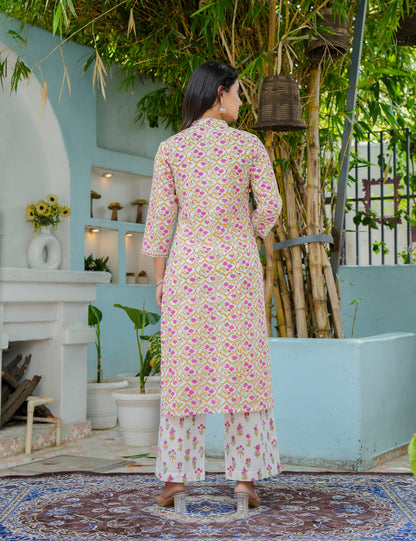 Ethnic Pastel Floral Hand-Block Straight Cut Kurta Set with Kota Doria Dupatta - HL19