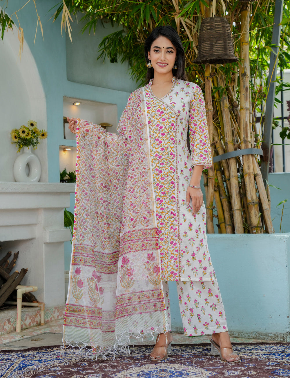 Ethnic Pastel Floral Hand-Block Straight Cut Kurta Set with Kota Doria Dupatta - HL19
