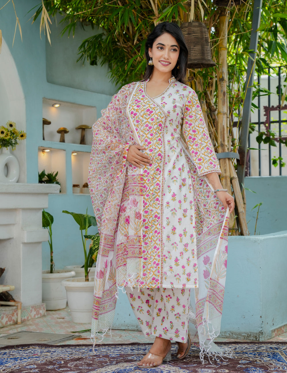 Ethnic Pastel Floral Hand-Block Straight Cut Kurta Set with Kota Doria Dupatta - HL19