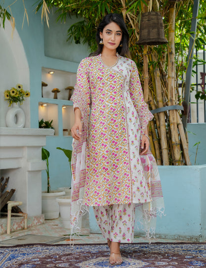 Ethnic Pastel Floral Hand-Block Straight Cut Kurta Set with Kota Doria Dupatta - HL19