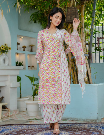 Ethnic Pastel Floral Hand-Block Straight Cut Kurta Set with Kota Doria Dupatta - HL19