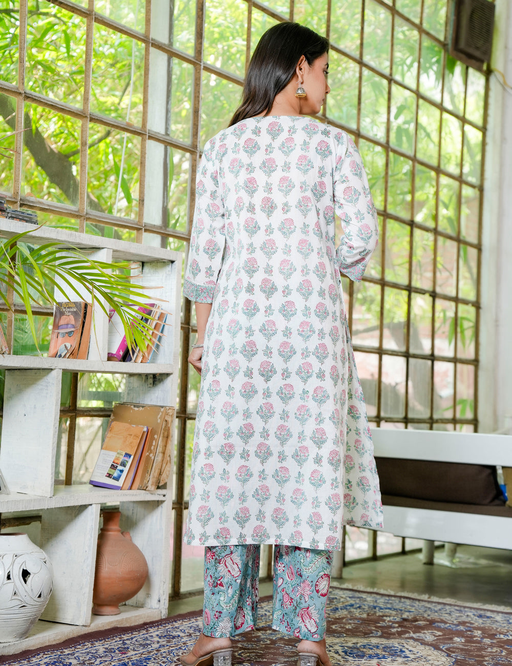 Hand Block Floral V-Neck Blushing Cotton Kurta Set with Kota Doria Dupatta - HL20