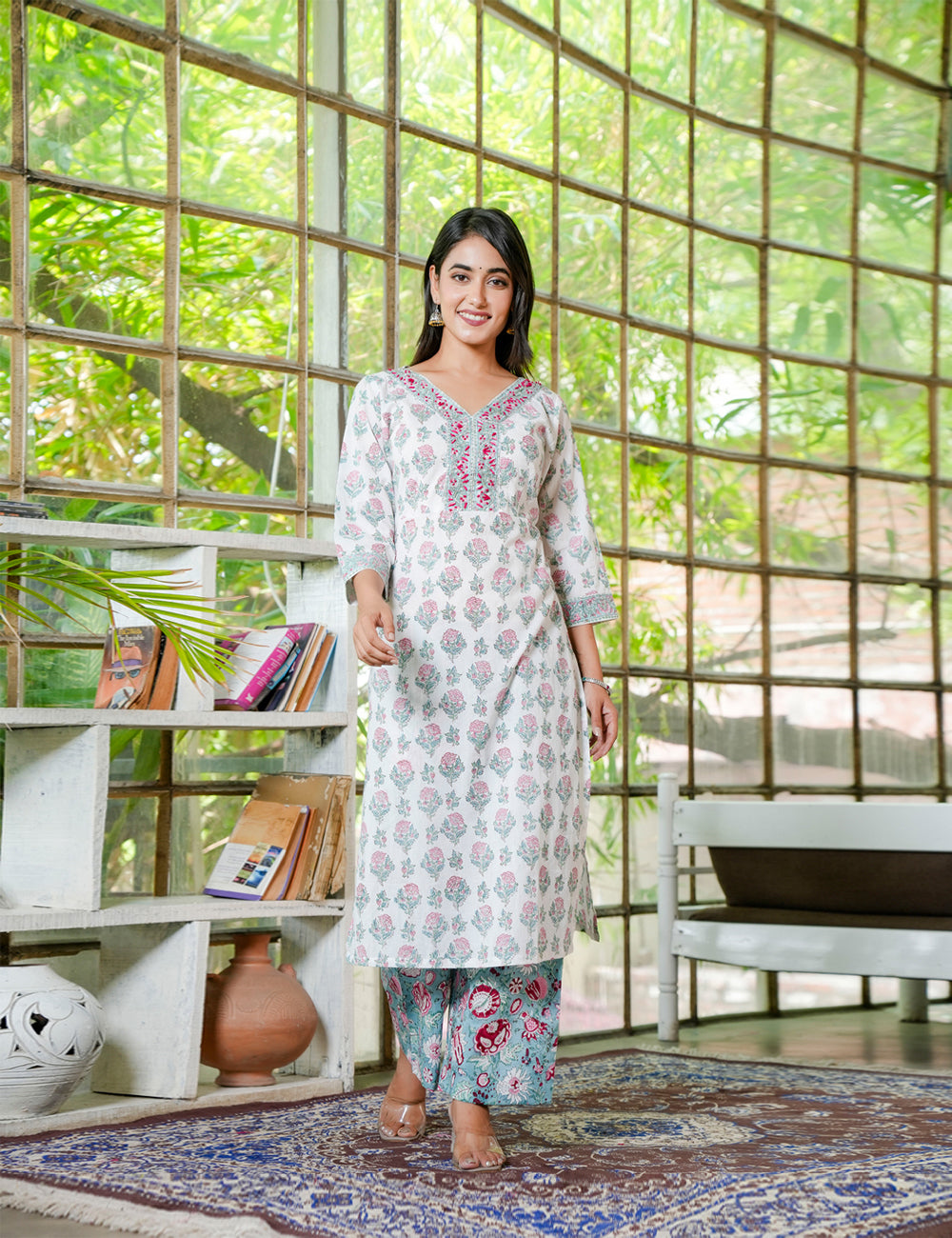 Hand Block Floral V-Neck Blushing Cotton Kurta Set with Kota Doria Dupatta - HL20