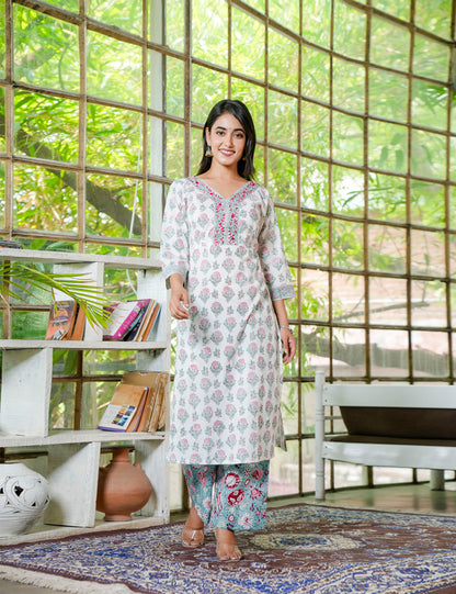 Hand Block Floral V-Neck Blushing Cotton Kurta Set with Kota Doria Dupatta - HL20