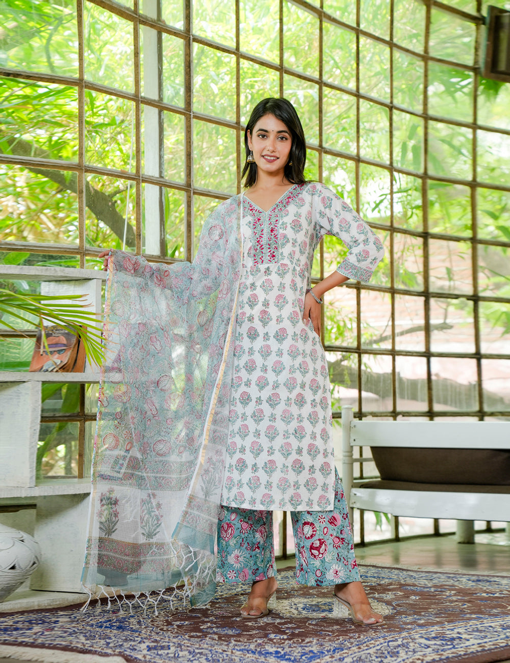 Hand Block Floral V-Neck Blushing Cotton Kurta Set with Kota Doria Dupatta - HL20