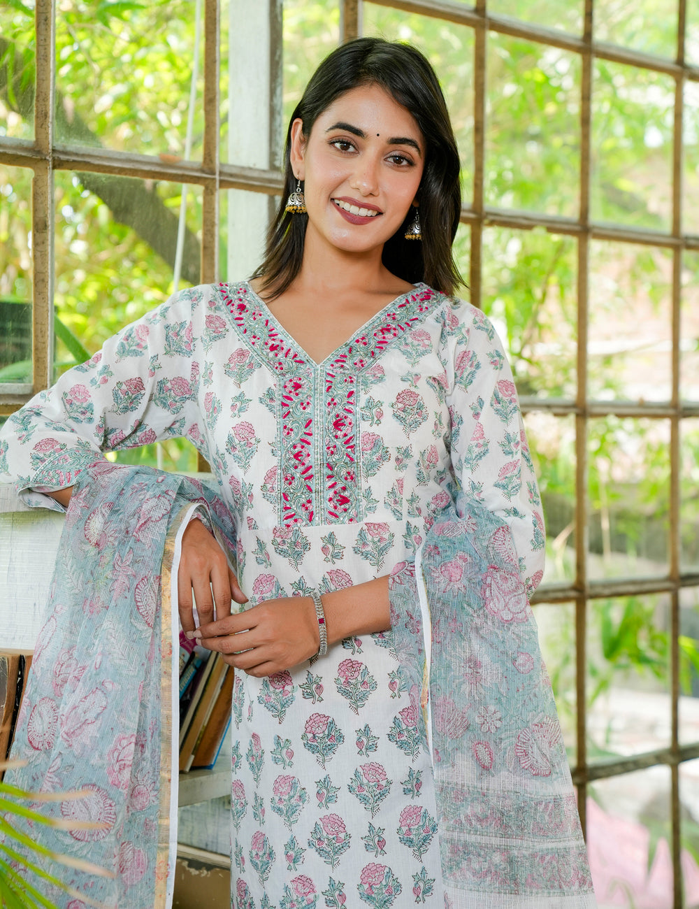 Hand Block Floral V-Neck Blushing Cotton Kurta Set with Kota Doria Dupatta - HL20