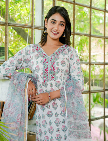 Hand Block Floral V-Neck Blushing Cotton Kurta Set with Kota Doria Dupatta - HL20