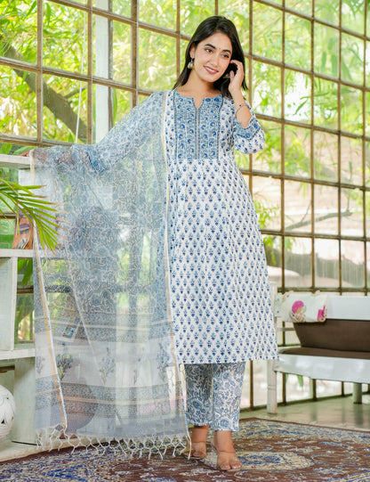 Hand Block Classic Blue Floral A-Line Kurta Set with Kota-Doria Dupatta - HL24