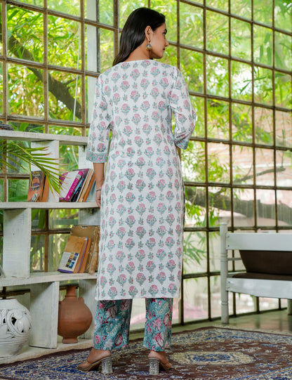 Hand Block Elegant Petal Cotton Angrakha Kurta Set with Kota Doria Dupatta -HL21