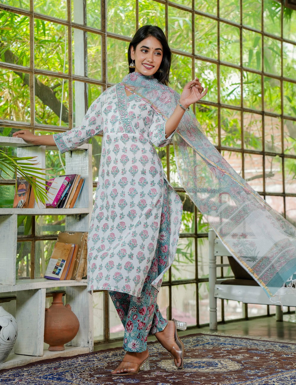 Hand Block Elegant Petal Cotton Angrakha Kurta Set with Kota Doria Dupatta -HL21