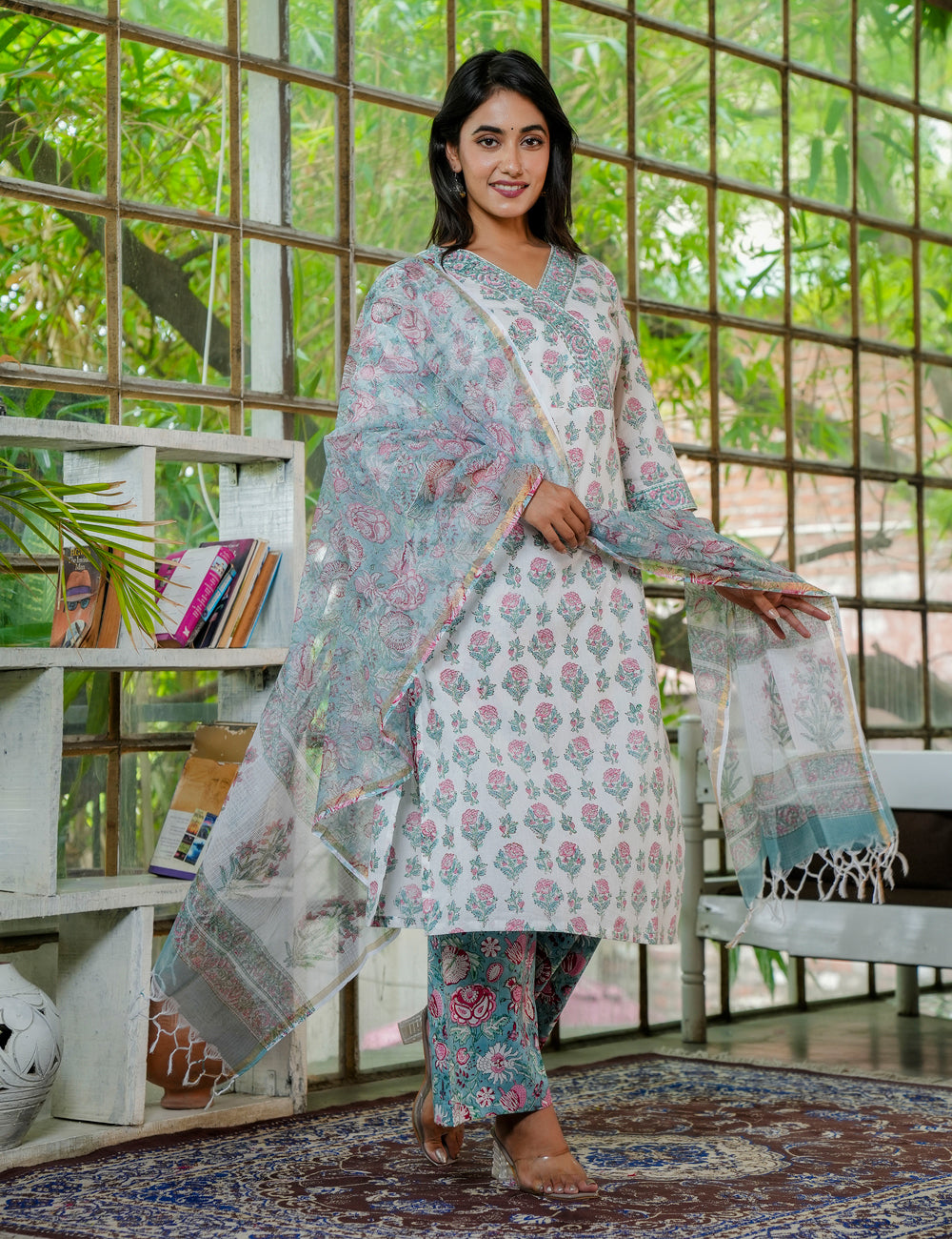 Hand Block Elegant Petal Cotton Angrakha Kurta Set with Kota Doria Dupatta -HL21
