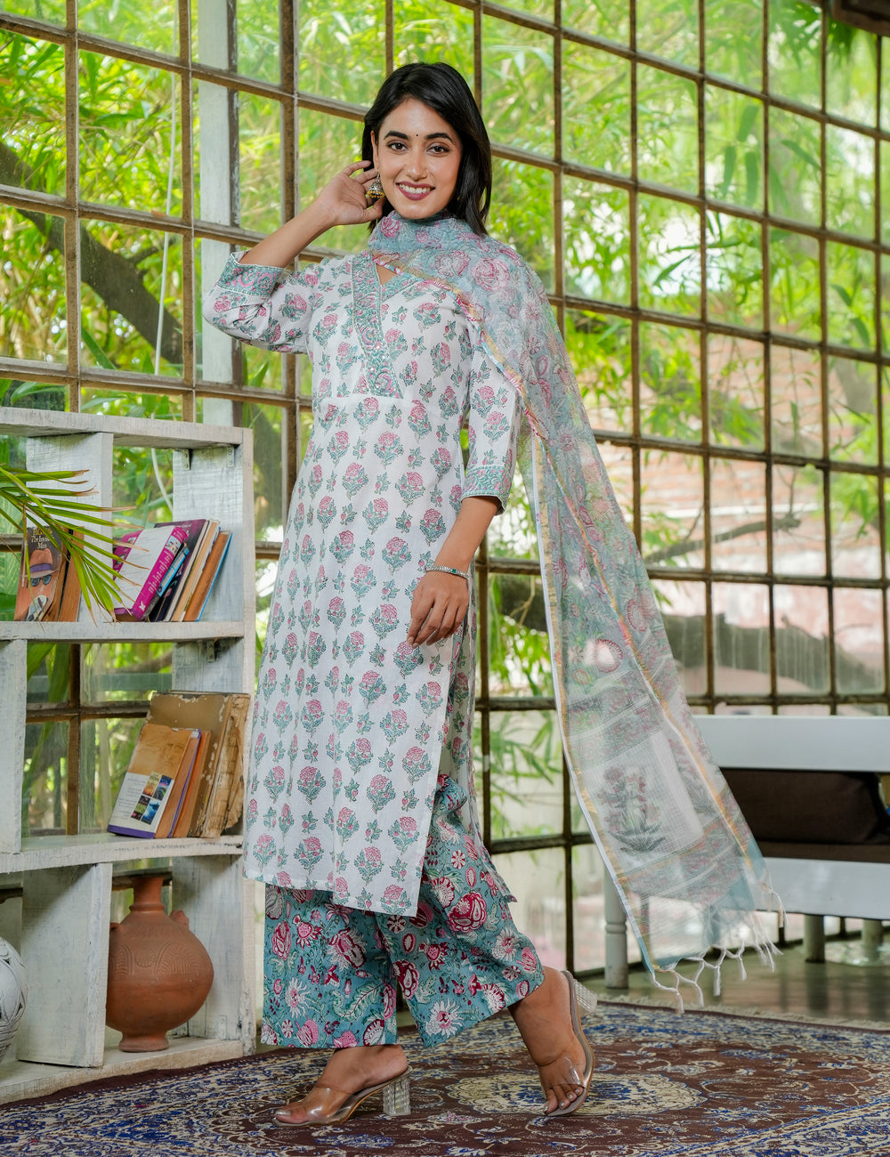 Hand Block Elegant Petal Cotton Angrakha Kurta Set with Kota Doria Dupatta -HL21