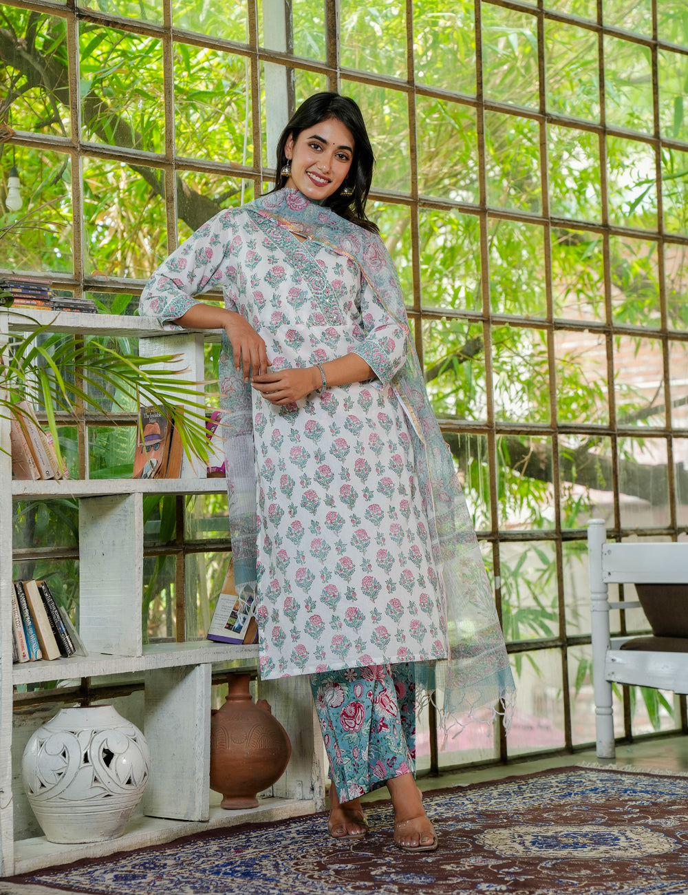 Hand Block Elegant Petal Cotton Angrakha Kurta Set with Kota Doria Dupatta -HL21