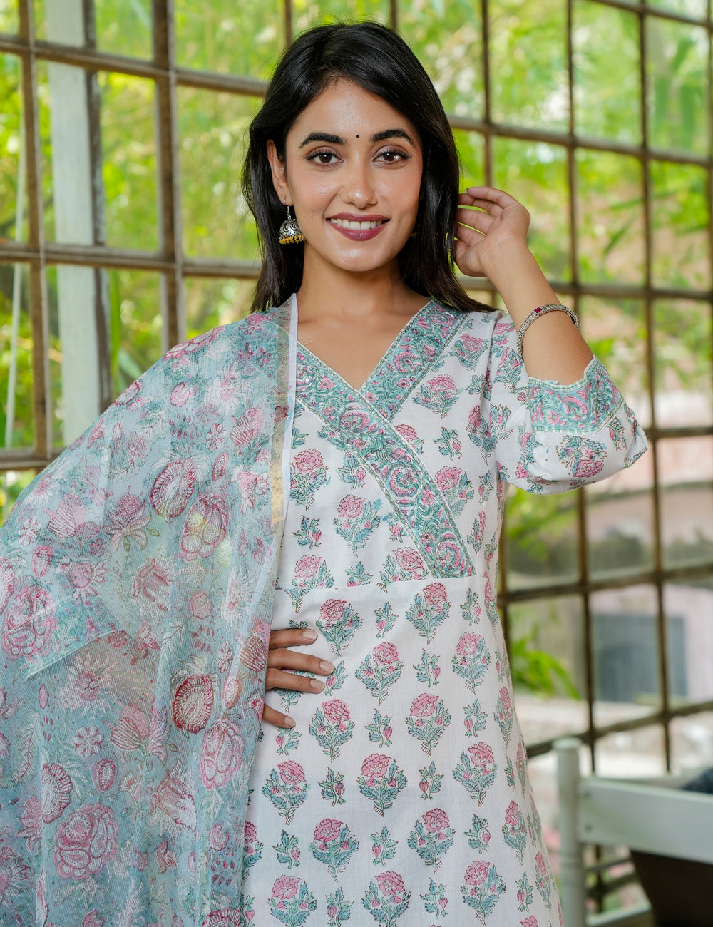 Hand Block Elegant Petal Cotton Angrakha Kurta Set with Kota Doria Dupatta -HL21