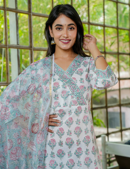 Hand Block Elegant Petal Cotton Angrakha Kurta Set with Kota Doria Dupatta -HL21