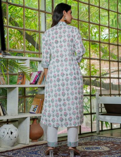 Hand Block Pastel Bloom A-Line Kurta Set with Mandarin Collar with Kota Doria Dupatta - HL22