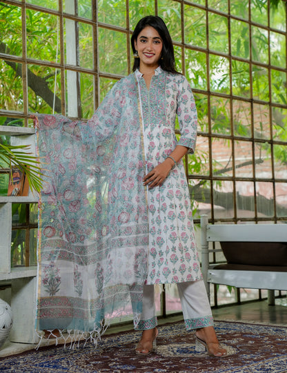 Hand Block Pastel Bloom A-Line Kurta Set with Mandarin Collar with Kota Doria Dupatta - HL22