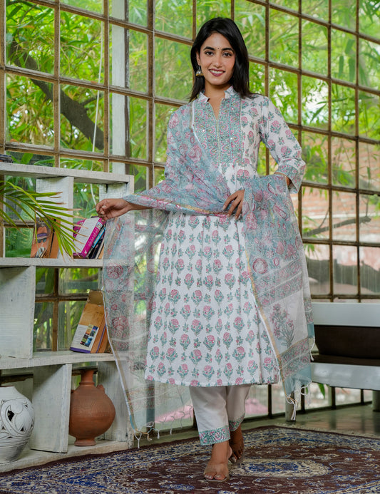 Hand Block Pastel Bloom A-Line Kurta Set with Mandarin Collar with Kota Doria Dupatta - HL22