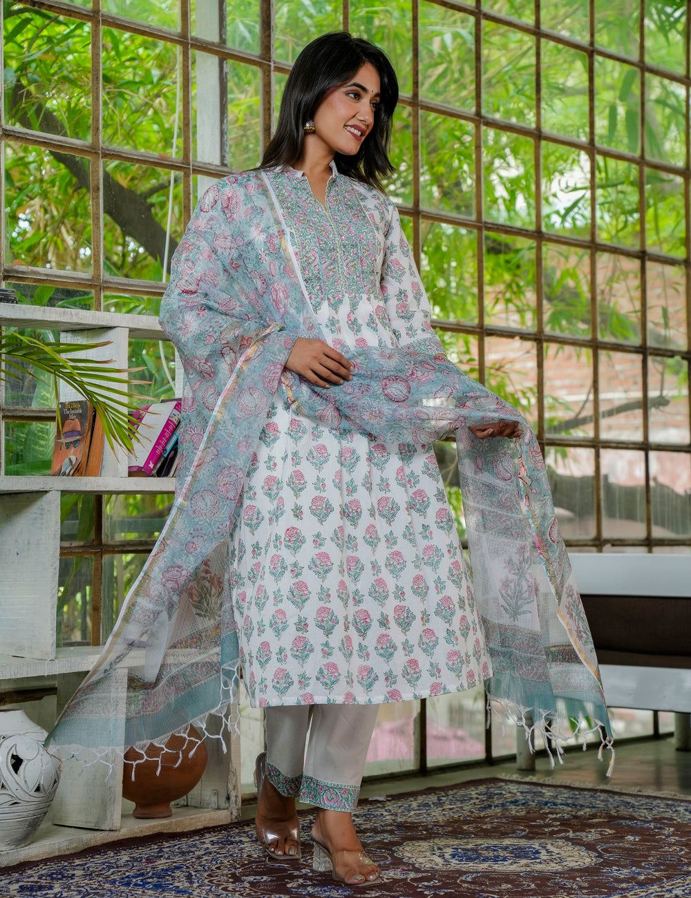 Hand Block Pastel Bloom A-Line Kurta Set with Mandarin Collar with Kota Doria Dupatta - HL22