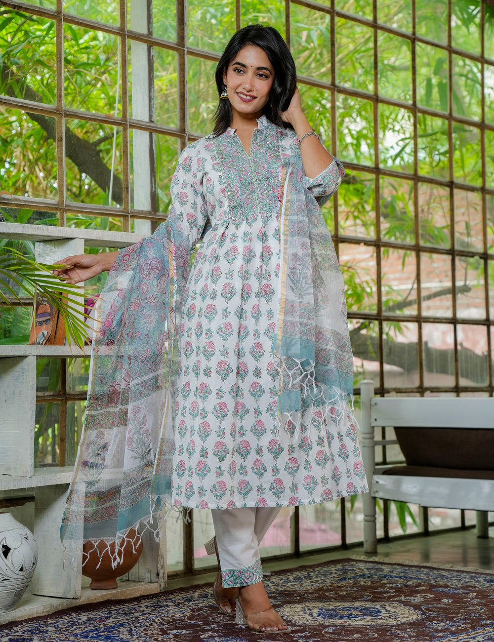 Hand Block Pastel Bloom A-Line Kurta Set with Mandarin Collar with Kota Doria Dupatta - HL22