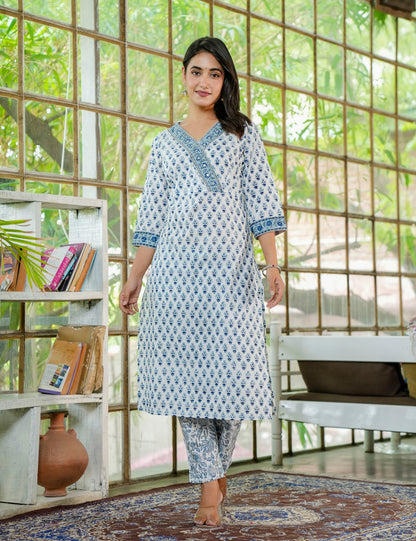Hand Block Blue Mist Hand-Block Printed Cotton Kurta Set with Kota-Doria Dupatta - HL23