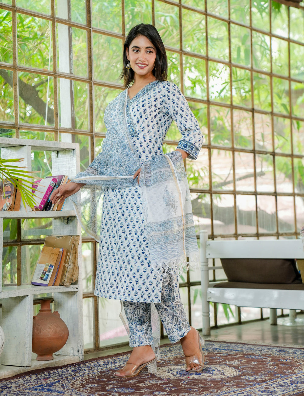 Hand Block Blue Mist Hand-Block Printed Cotton Kurta Set with Kota-Doria Dupatta - HL23