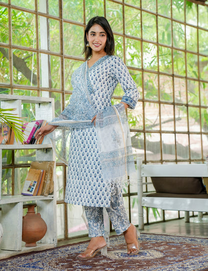 Hand Block Blue Mist Hand-Block Printed Cotton Kurta Set with Kota-Doria Dupatta - HL23