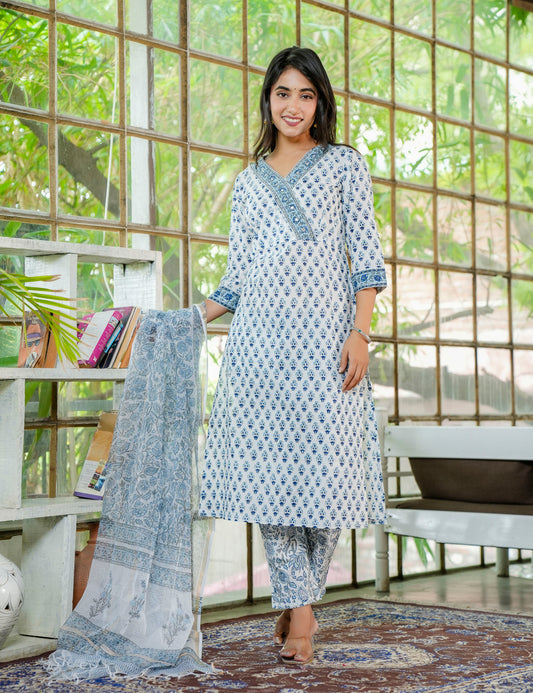 Hand Block Blue Mist Hand-Block Printed Cotton Kurta Set with Kota-Doria Dupatta - HL23