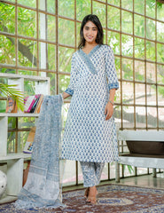 Hand Block Blue Mist Hand-Block Printed Cotton Kurta Set with Kota-Doria Dupatta - HL23