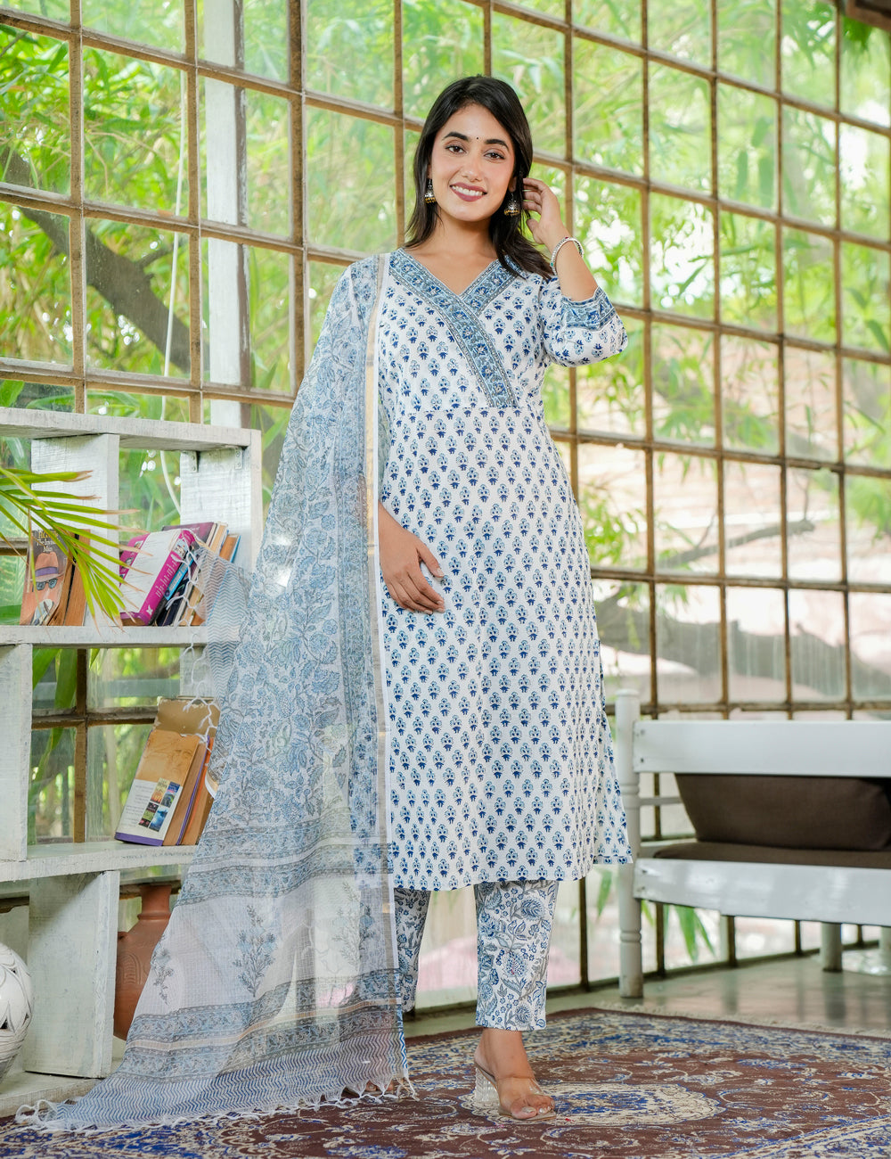 Hand Block Blue Mist Hand-Block Printed Cotton Kurta Set with Kota-Doria Dupatta - HL23
