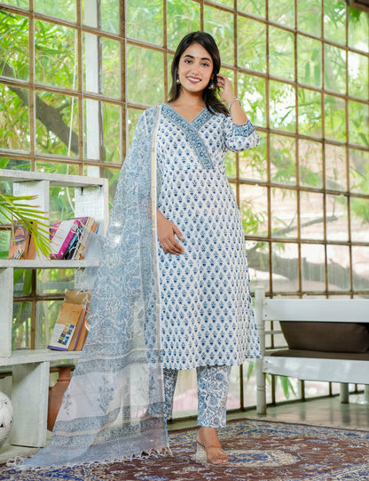 Hand Block Blue Mist Hand-Block Printed Cotton Kurta Set with Kota-Doria Dupatta - HL23
