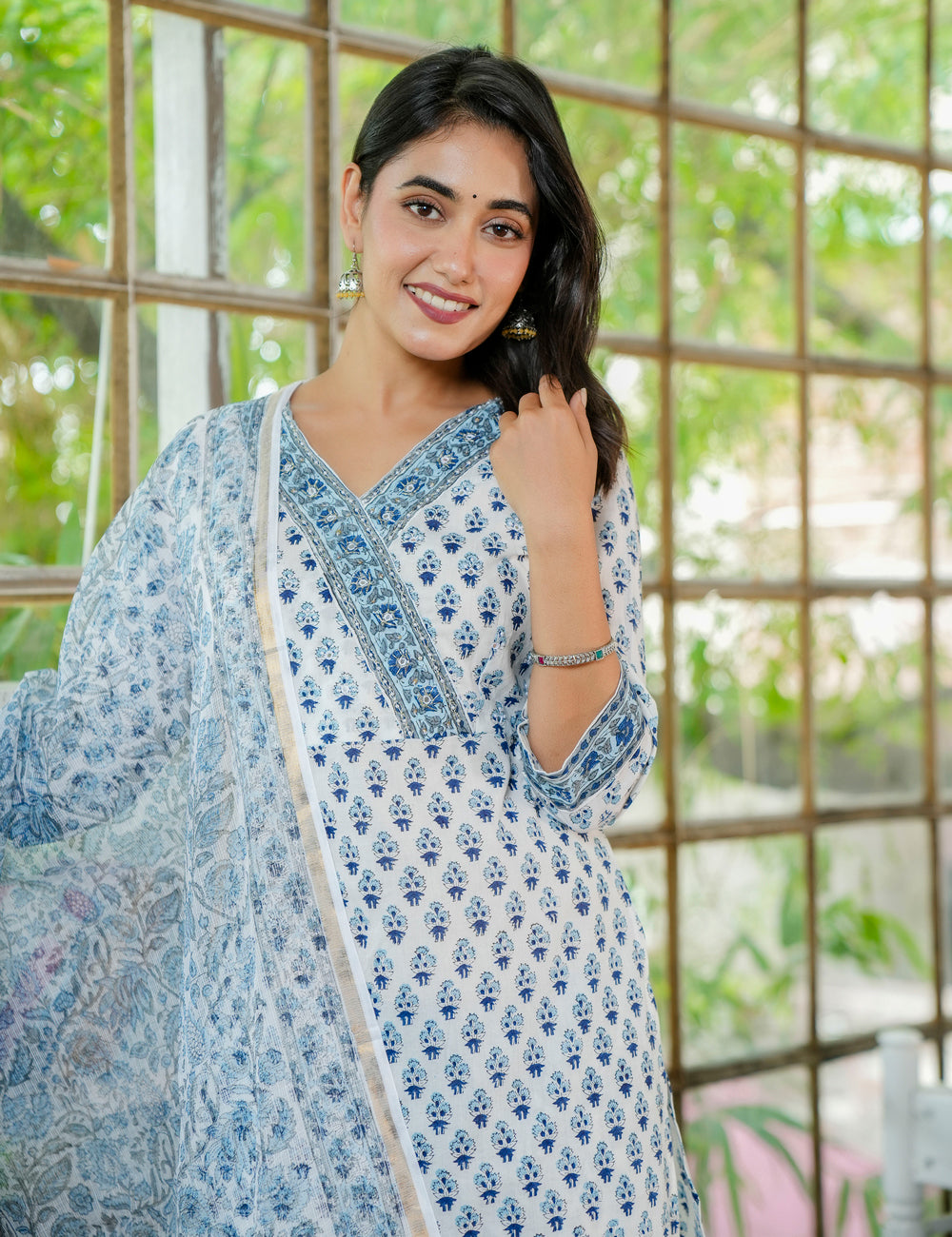 Hand Block Blue Mist Hand-Block Printed Cotton Kurta Set with Kota-Doria Dupatta - HL23