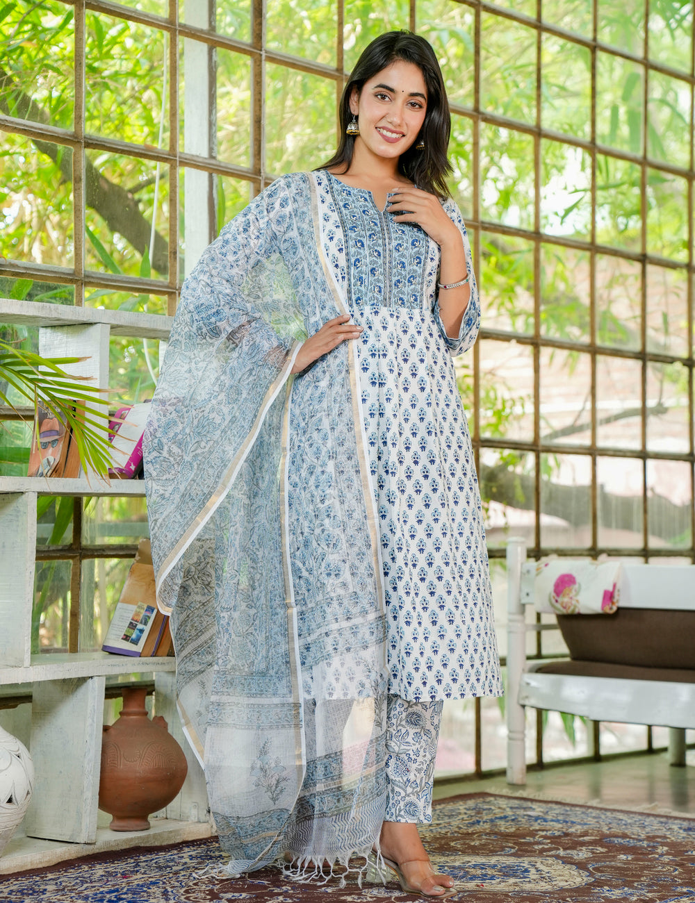 Hand Block Classic Blue Floral A-Line Kurta Set with Kota-Doria Dupatta - HL24