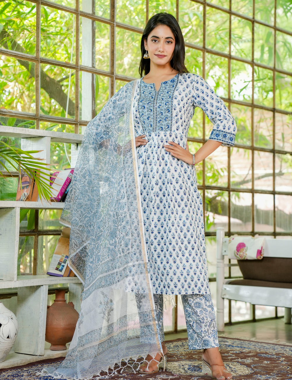 Hand Block Classic Blue Floral A-Line Kurta Set with Kota-Doria Dupatta - HL24