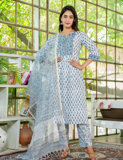 Hand Block Classic Blue Floral A-Line Kurta Set with Kota-Doria Dupatta - HL24