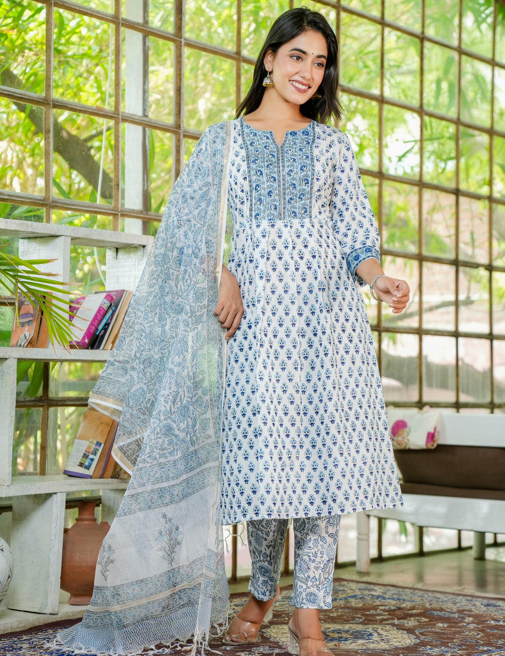 Hand Block Classic Blue Floral A-Line Kurta Set with Kota-Doria Dupatta - HL24