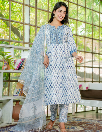 Hand Block Classic Blue Floral A-Line Kurta Set with Kota-Doria Dupatta - HL24