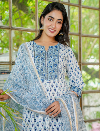 Hand Block Classic Blue Floral A-Line Kurta Set with Kota-Doria Dupatta - HL24