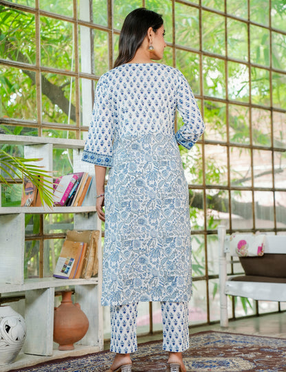 Semi-formal Skyline Hand-Block Printed Cotton Kurta Set  with Kota Doria Dupatta - HL25