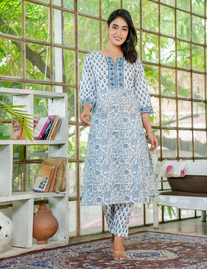 Semi-formal Skyline Hand-Block Printed Cotton Kurta Set  with Kota Doria Dupatta - HL25