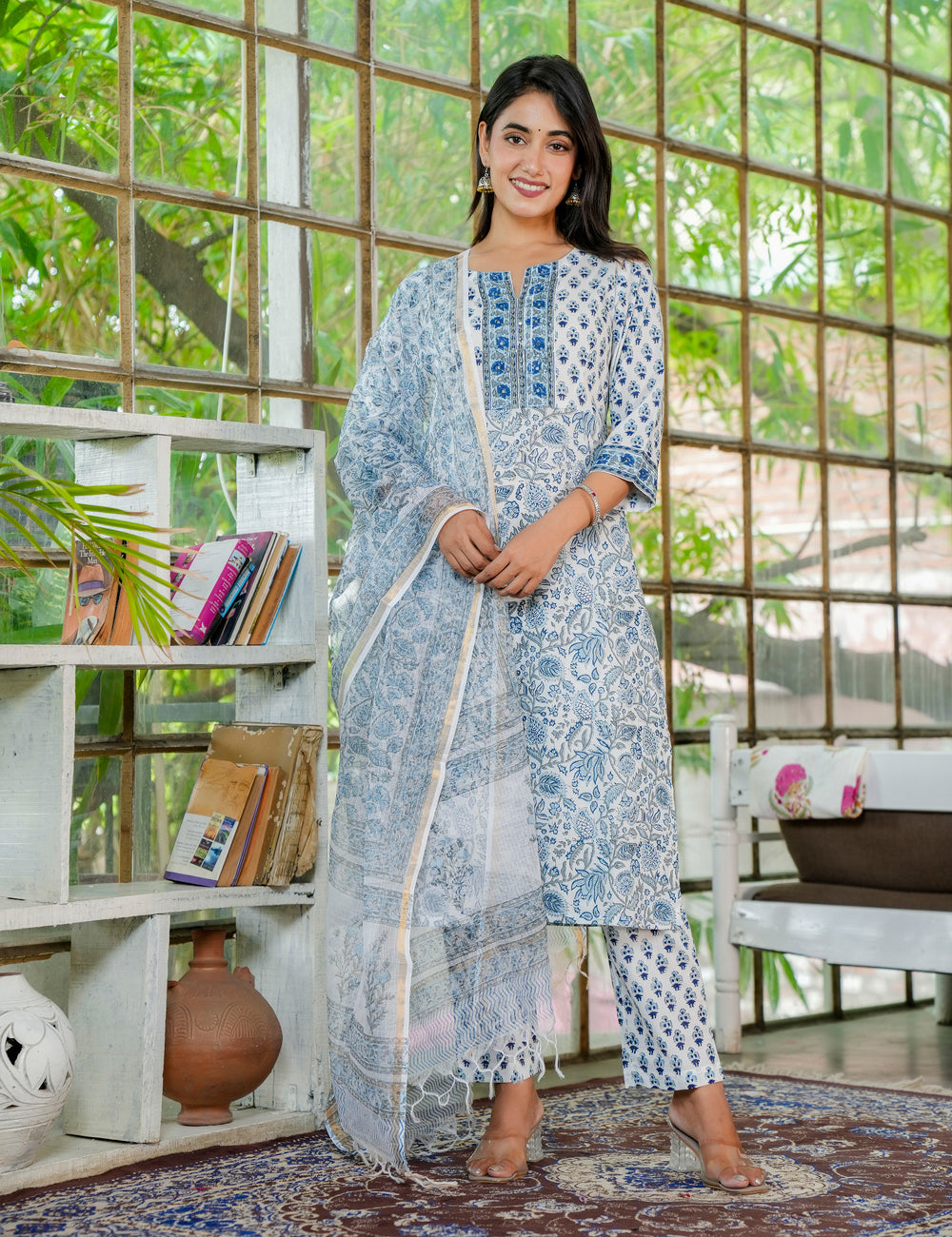 Semi-formal Skyline Hand-Block Printed Cotton Kurta Set  with Kota Doria Dupatta - HL25