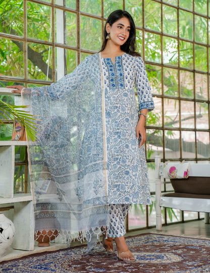 Semi-formal Skyline Hand-Block Printed Cotton Kurta Set  with Kota Doria Dupatta - HL25