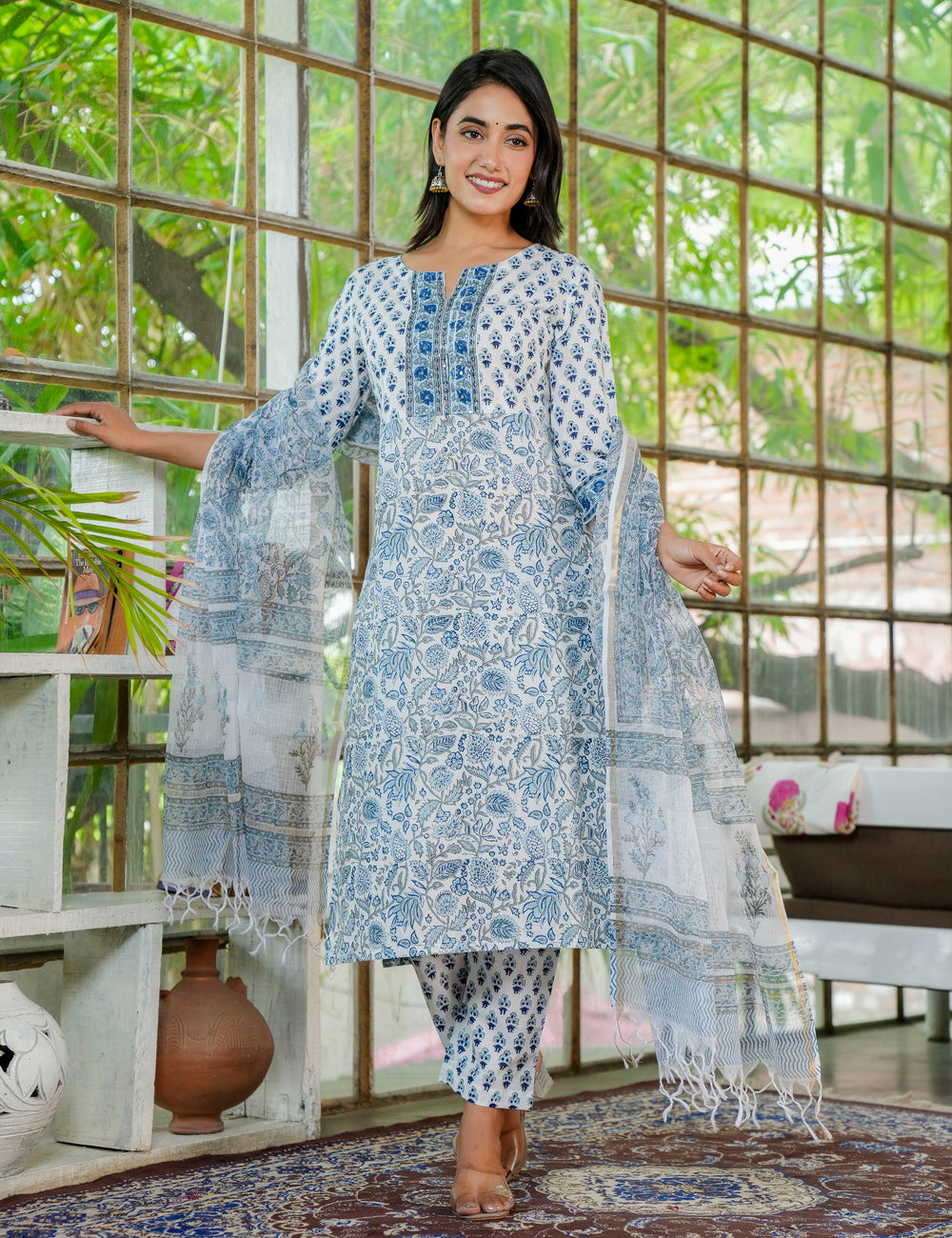 Semi-formal Skyline Hand-Block Printed Cotton Kurta Set  with Kota Doria Dupatta - HL25