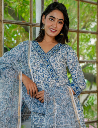 Hand Block Mystic Blue V-Neck Casual Cotton Kurta set with Kota Doria Dupatta -HL26