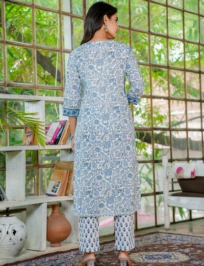 Hand Block Mystic Blue V-Neck Casual Cotton Kurta set with Kota Doria Dupatta -HL26