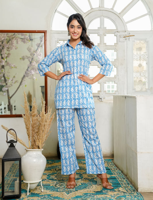 Stylish and breezy blue Sanganeri printed relaxed Fit V-neck Cotton Co-ord Set - HL126