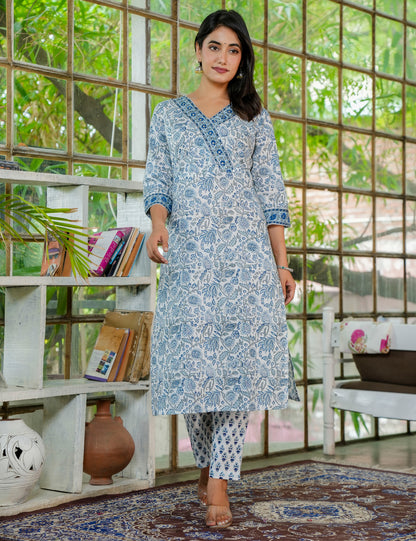 Hand Block Mystic Blue V-Neck Casual Cotton Kurta set with Kota Doria Dupatta -HL26